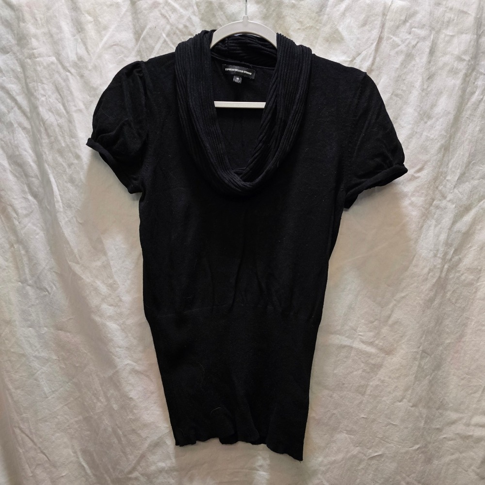 Y2K Express Design Studio Black Short Sleeve Cowl Neck Sweater Top Womens Size M